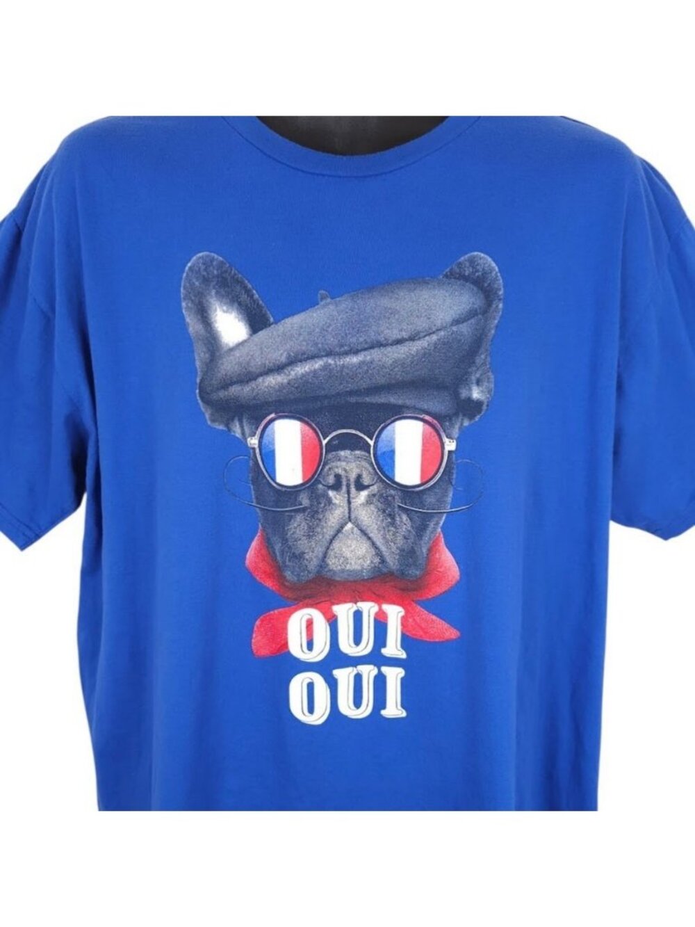 French Bulldog T Shirt Mens Size XL Blue Oui Oui Dog In Beret